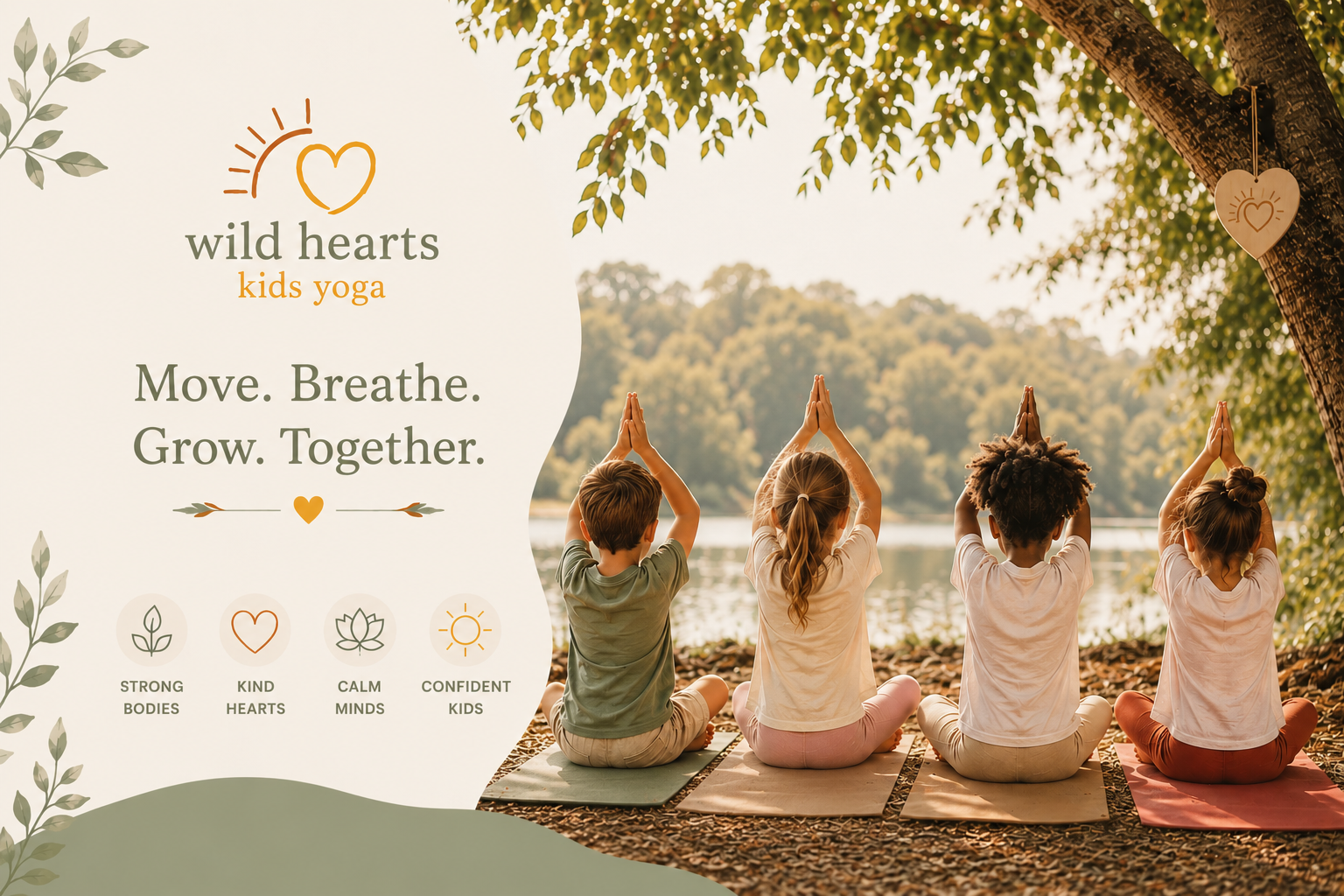 Children practising yoga together by a lake